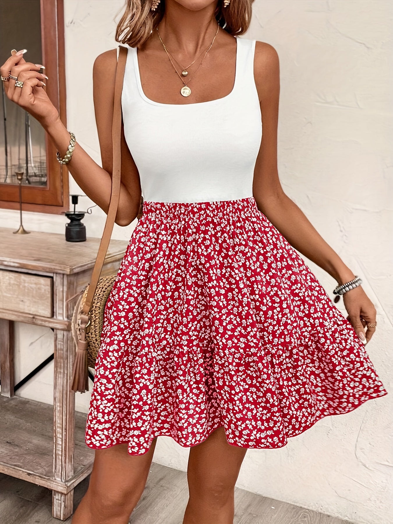 Elegant French-Inspired Floral Tank Dress for Women - High Stretch, Machine Washable, Perfect for Summer Vacations